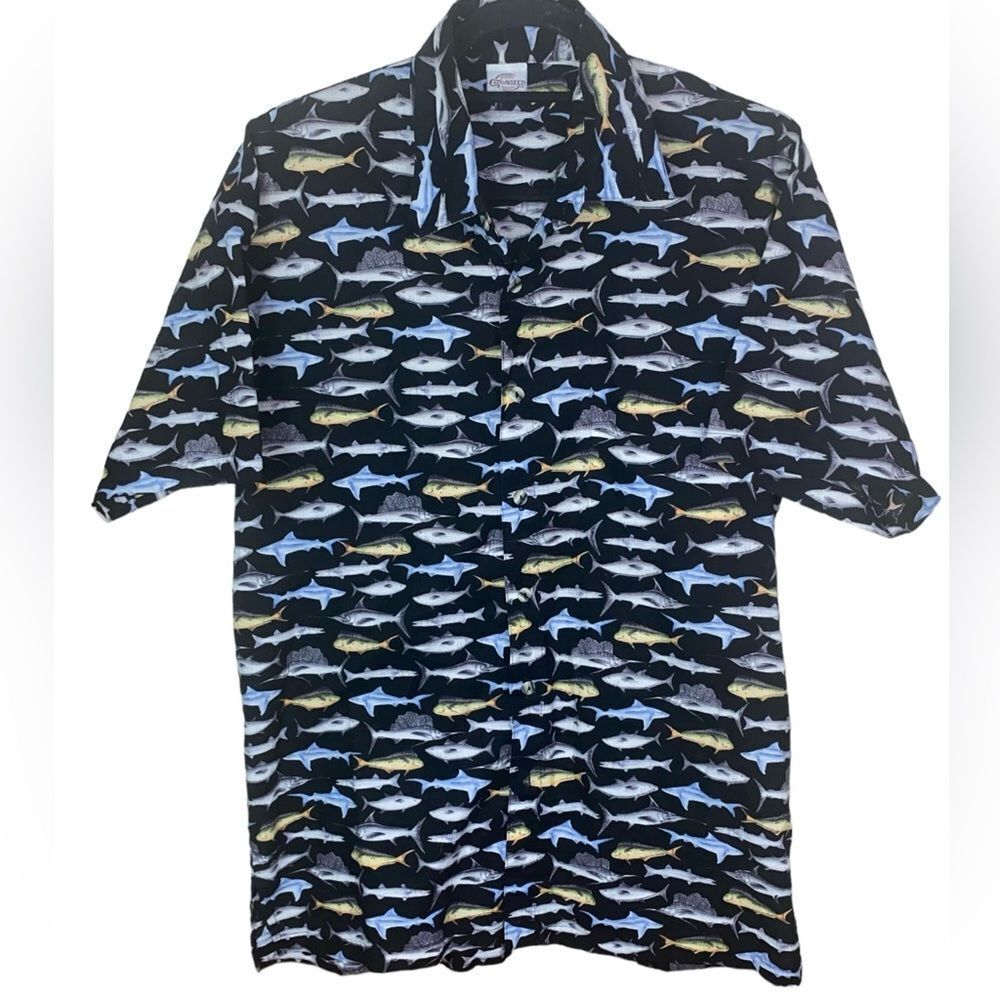 Cottonseed Mens Sz XL Black Allover Fish Shark Sailfish Button Down Casual Shirt